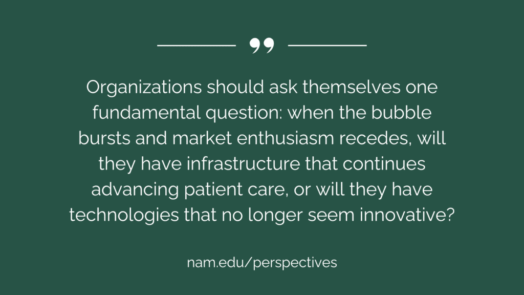 "For health care, the salient inquiry is not the inevitability of this market recalibration, but whether institutional investments have been strategically focused on optimizing patient welfare or merely on maximizing public relations value."