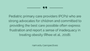 "Pediatric primary care providers (PCPs) who are strong advocates for children and committed to providing the best care possible often express frustration and report a sense of inadequacy in treating obesity (Rhee et al., 2018)." - nam.edu/perspectives
