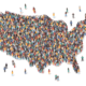 Illustration. A map view of the United States, formed by individual people meant to represent the collective life expectancy of the United States.