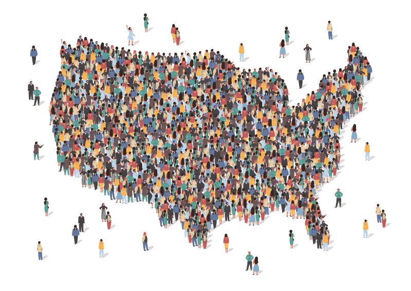 Illustration. A map view of the United States, formed by individual people meant to represent the collective life expectancy of the United States.