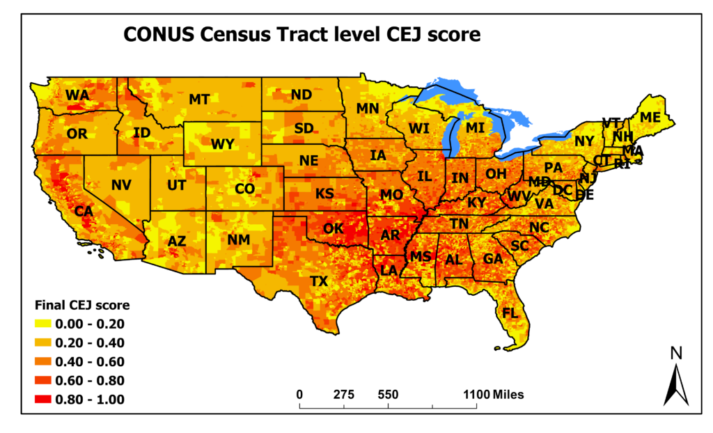 Map of the contiguous United States showing Census tract-level CEJ scores by color intensity. Colors range from light yellow to dark red, representing scores from 0.0 to 1.0 in increments of 0.2, with darker shades indicating higher scores. Higher scores are concentrated in the southern and southeastern U.S., as well as in parts of California and the Midwest. Lower scores are more common in the northern and western regions. Major state boundaries are labeled.